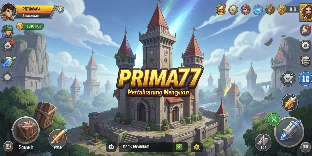 Tangkapan layar gameplay dari PRIMA77 menampilkan menara pertahanan yang strategis.